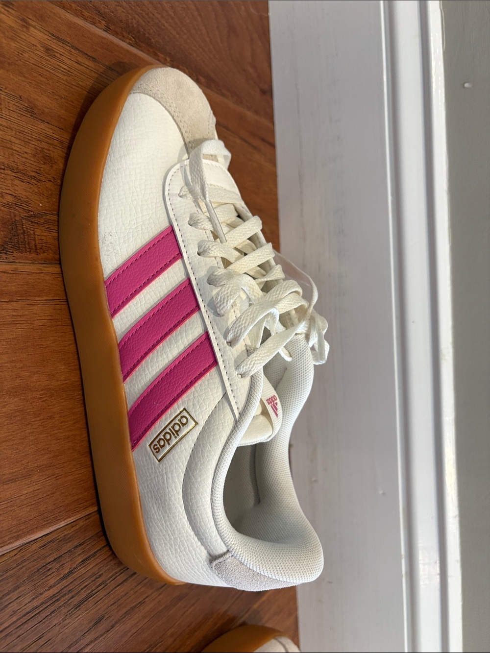 adidas Women’s White Sneakers with Pink Stripes and Gum Sole - Picture 3 of 5